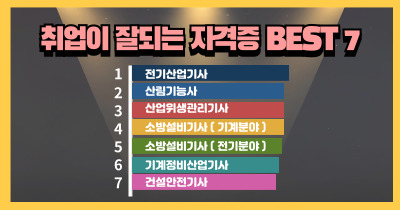 취업이 잘되는 자격증 best 7 [ 2024년 7월말 건강보험 기준 - 고용노동부 ]